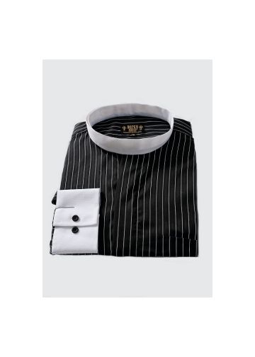 Mens Black White Pin Stripe Clergy Shirt With Attached Collar