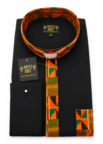 Two Tone Long Sleeve French Cuff Tab Collar Clergy Shirt (Black/Kente 07)