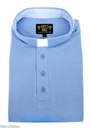Mens Clergy Polo Short Sleeves Tab Collar Shirt (Light Blue)