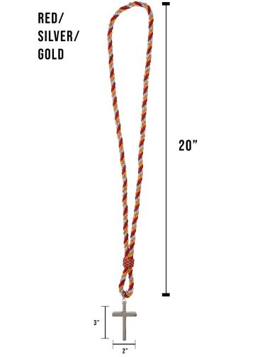 3 Strand Clergy Cord (Red/Silver/Gold) With 2"x3" Cross Premium 020