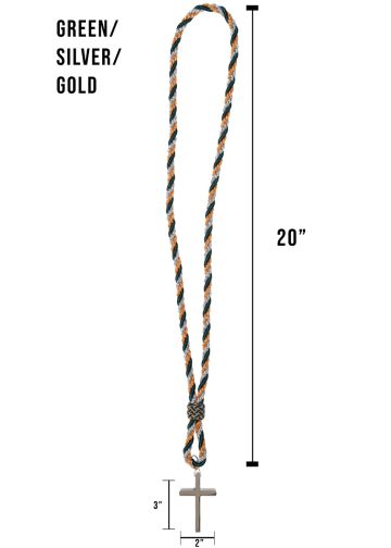 3 Strand Clergy Cord (Green /Silver/Gold) With 2"x3" Cross Premium 020