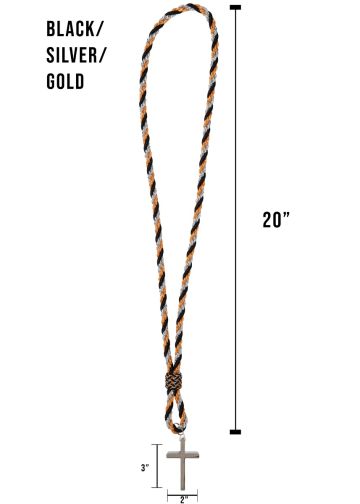 3 Strand Clergy Cord (Black/Silver/Gold) With 2"x3" Cross Premium 020