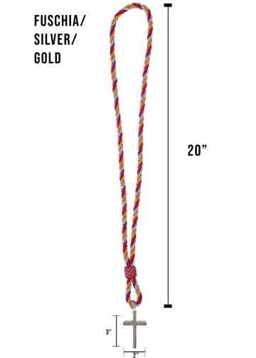 3 Strand Clergy Cord (Fuchsia/Silver/Gold) With 2"x3" Cross Premium 020