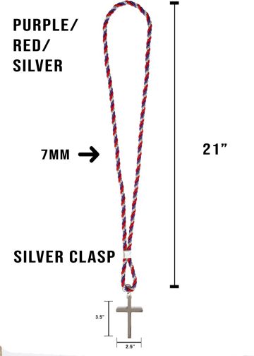 Three Tone Purple/Red Metallic Silver Cord With 2 X 3 Inches Stainless Steel Silver Plated  Cross 080