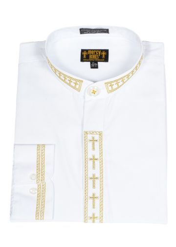 Mens Long Sleeve Neck Band Shirt (White/Gold Cross)