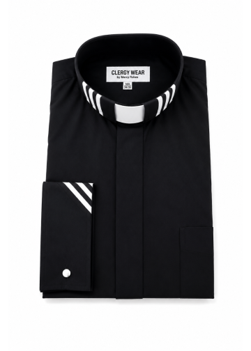 Two Tone Mens Long Sleeve Tab Collar Clergy Shirt (Black/White Stripe)