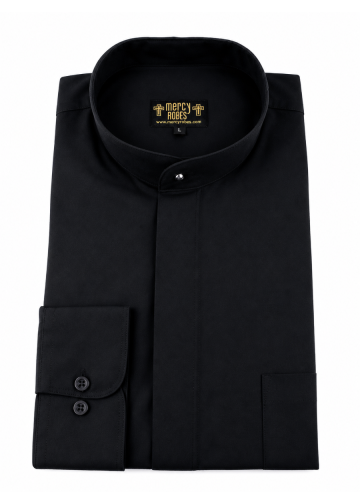 Mens Long Sleeve Standard Cuff Roman Pontiff Full Collar Clergy Shirt (Black)