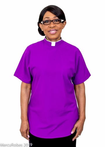 Womens Short Sleeves Fabric Tab Clergy Blouse (Roman Purple) 01