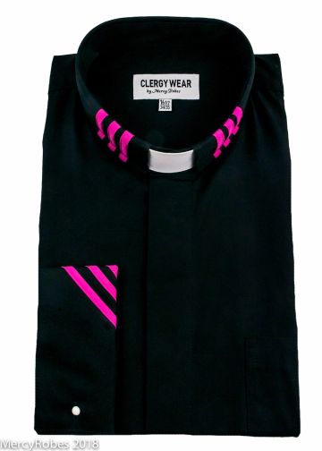 Two Tone Long Sleeve French Cuff Tab (Black/Fuchsia Stripe)