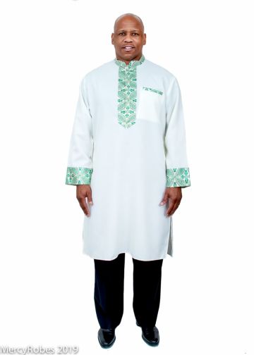 Mens Clergy Kurta Style K-7498 (Cream/Green-Gold LT)