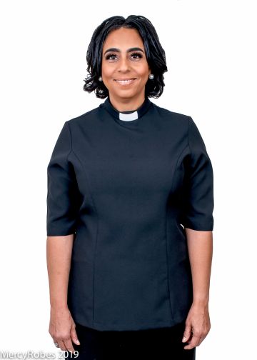 Womens 3/4 Sleeves Tab Collar Clergy Blouse (Black)