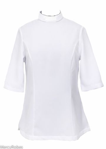 Womens 3/4 Sleeves Tab Collar Clergy Blouse (White)