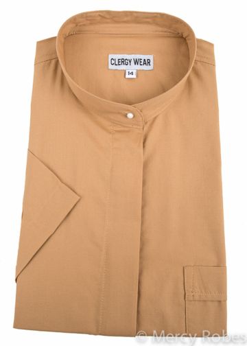 Womens Short Sleeves Full Collar Clergy Shirt (Beige)