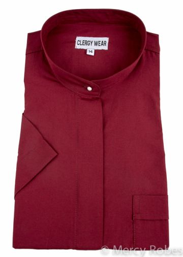 Womens Short Sleeves Full Collar Clergy Shirt (Burgundy)