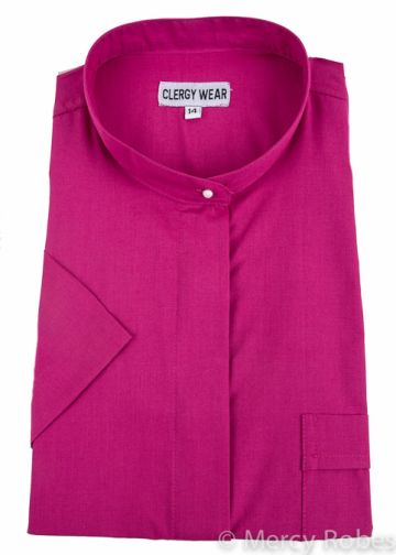 Womens Short Sleeves Full Collar Clergy Shirt (Fuchsia)