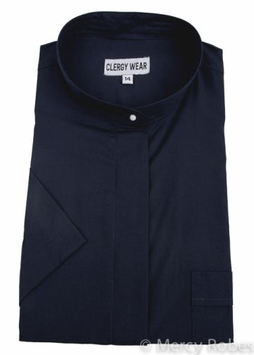 Womens Short Sleeves Full Collar Clergy Shirt (Navy Blue)