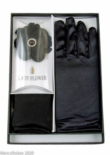 Womens Gloves, Hankie & Lapel Pin (Black)