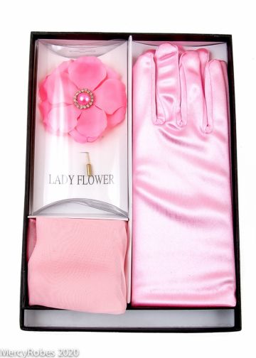Womens Gloves, Hankie & Lapel Pin (Pink)