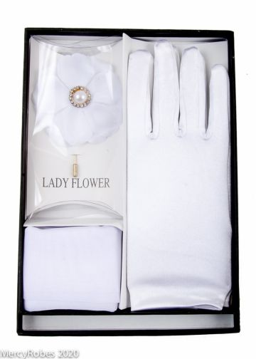 Womens Gloves, Hankie & Lapel Pin (White)