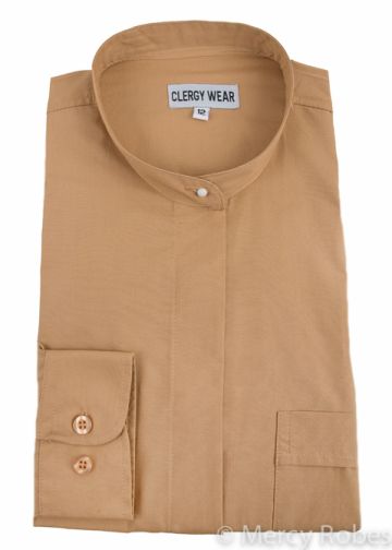 Womens Long Sleeves Full Collar Clergy Shirt (Beige)