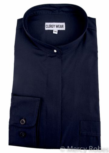 Womens Long Sleeves Full Collar Clergy Shirt (Navy Blue)