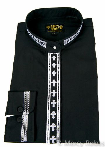 Womens Clergy Long Sleeve Neckband Shirt (Black/White)