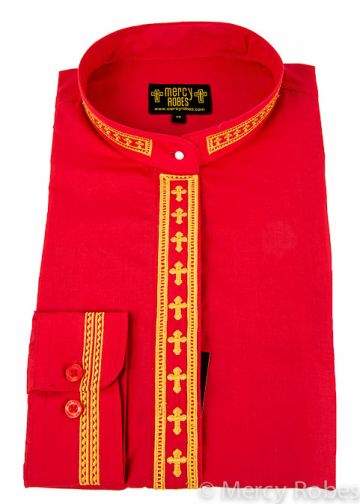 Womens Clergy Long Sleeve Neckband Shirt (Red/Gold)