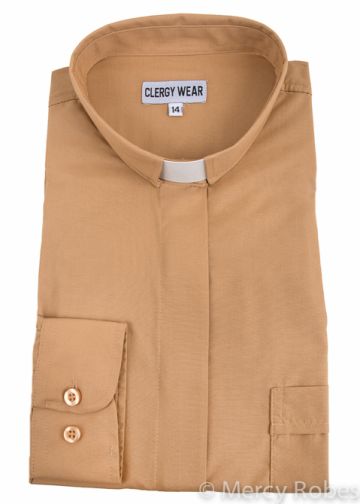 Womens Long Sleeves Tab Collar Clergy Shirt (Beige)
