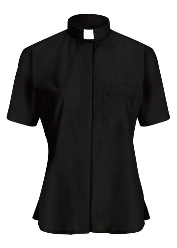 Womens Short Sleeves Tab Collar Clergy Shirt (Black)