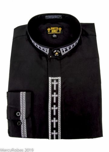 Mens Long Sleeve Neck Band Shirt (Black/White Cross Embroidery)
