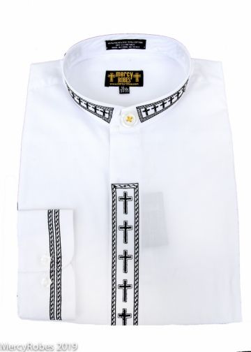 Mens Long Sleeve Neck Band Shirt (White/Black Cross)