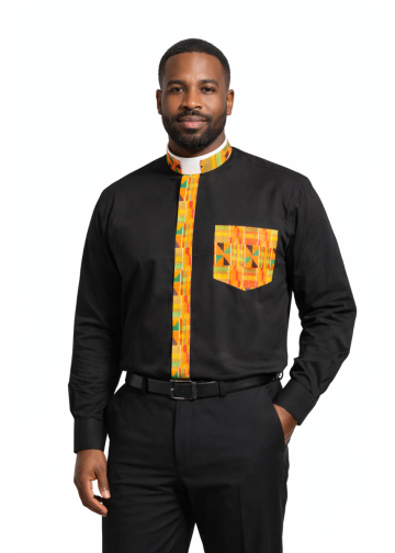 Mens Long Sleeve Tonsure Collar Clergy Shirt (Black/Kente)