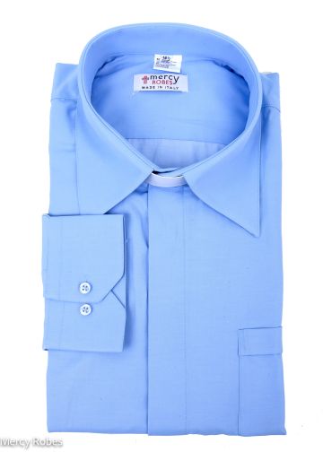 Mens Long Sleeves Tab Collar Clergy Dress Shirt (Light Blue)