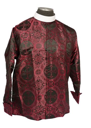 Mens Long Sleeves French Cuff Roman Collar Clergy Shirt (Black/Red Lt)