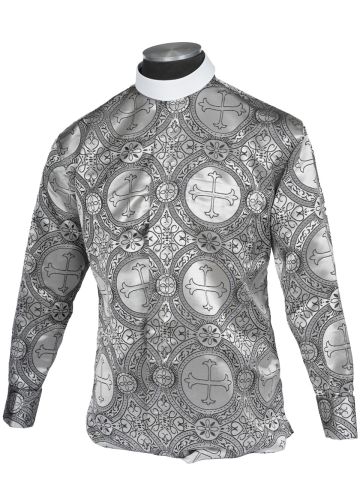 Mens Long Sleeves French Cuff Roman Collar Clergy Shirt (Silver/Black Lt)