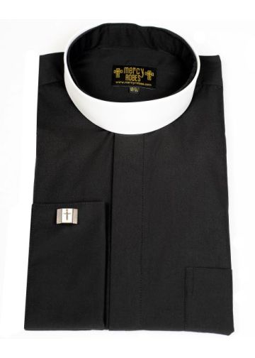 Mens Long Sleeve French Cuff Roman Pontiff Full Collar Shirt (Black)