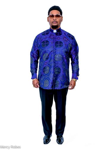 Mens Long Sleeves French Cuff Tab Collar Clergy Shirt (Royal Blue/Black LT)
