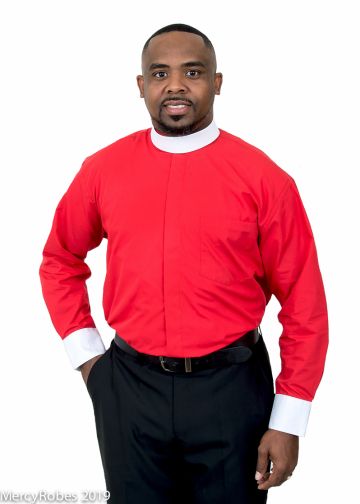 Mens Long Sleeve Clergy Shirt W/Contrast White Cuff (Red)