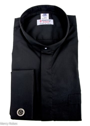 Mens Long Sleeves Italian Roman Pontiff Round Collar Clergy Shirt (Black)