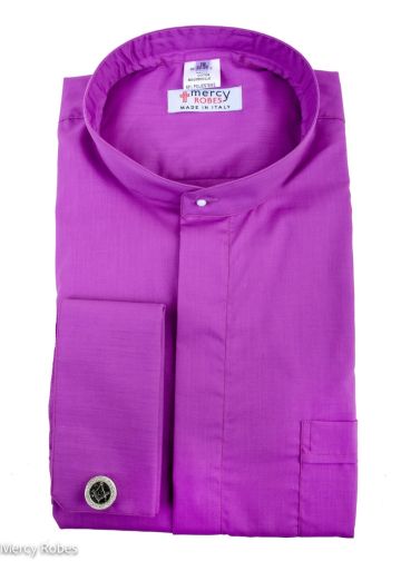 Mens Long Sleeves Roman Pontiff Round Collar Clergy Shirt (Church Purple)
