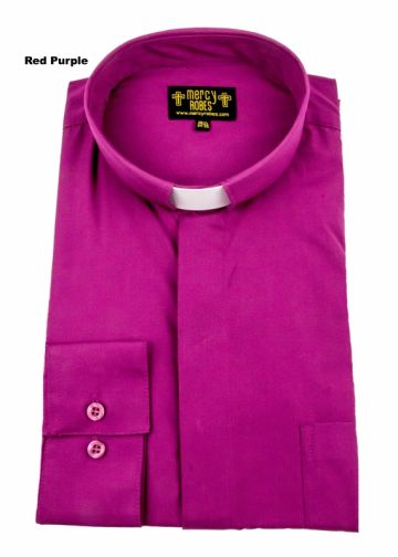 Mens Long Sleeve Standard Cuff Tab Collar Clergy Shirt (Red Purple)