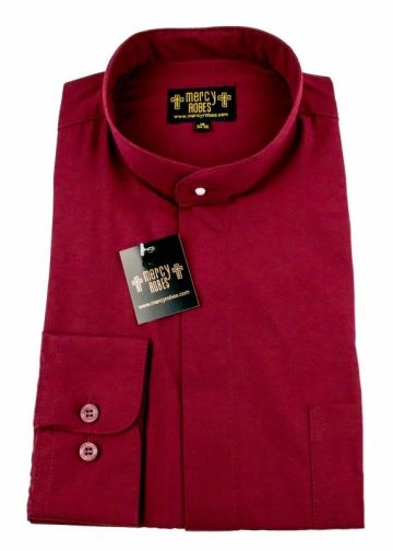 Mens Long Sleeve Standard Cuff Roman Pontiff Full Collar Clergy Shirt (Burgundy)