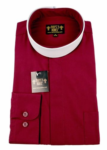 Mens Long Sleeve Full Collar Clerical Shirt With Soft Collar (Burgundy)