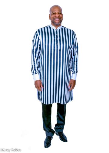 Mens Pinstripe French Cuff Clergy Kurta Shirt (White/Black)