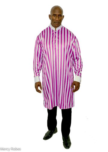 Mens Pinstripe French Cuff Clergy Kurta Shirt (White/Fuchsia)