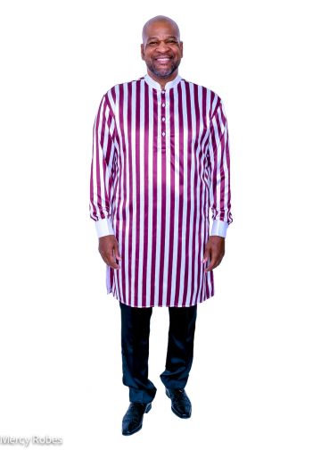 Mens Pinstripe French Cuff Clergy Kurta Shirt (White/Wine)