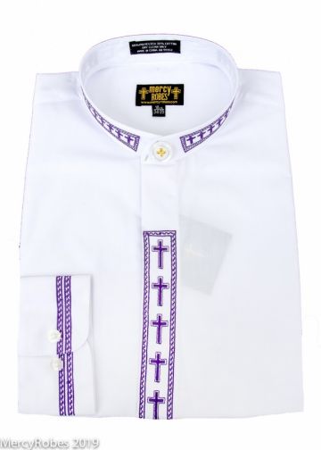 Mens Long Sleeve Neckband Shirt (White/Purple Cross Embroidery)