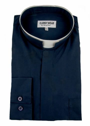 Mens Long Sleeve Tonsure Collar Clergy Shirt (Navy Blue)