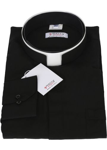 Mens Long Sleeve Premium Tonsure Collar Clergy Shirt Imported Italian (Black)