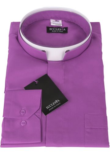 Mens Long Sleeve Premium Tonsure Collar Clergy Shirt (Church Purple) Imported Italian